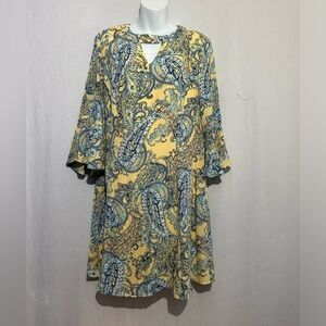 Cato Yellow Blue Paisley Bell Sleeve Dress – Size 12